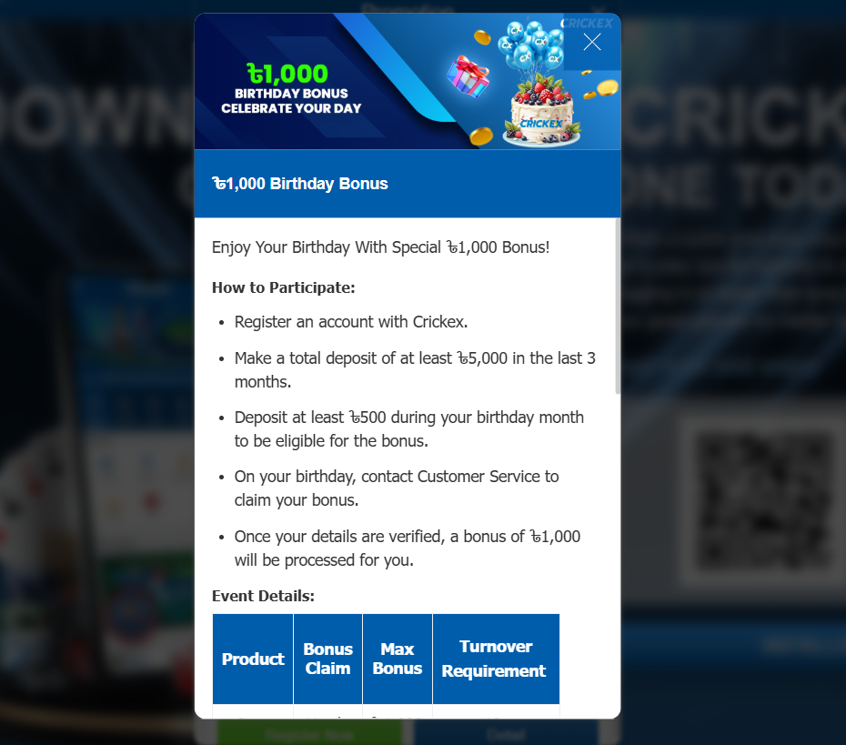 Crickex casino birthday bonuses for Bangladesh