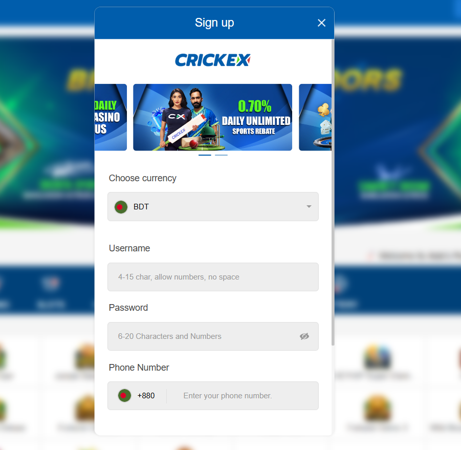 Crickex sign up login password for Bangladesh