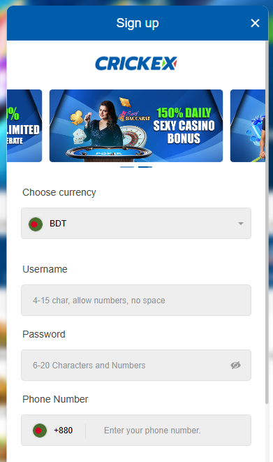 Crickex app sign up in Bangladesh